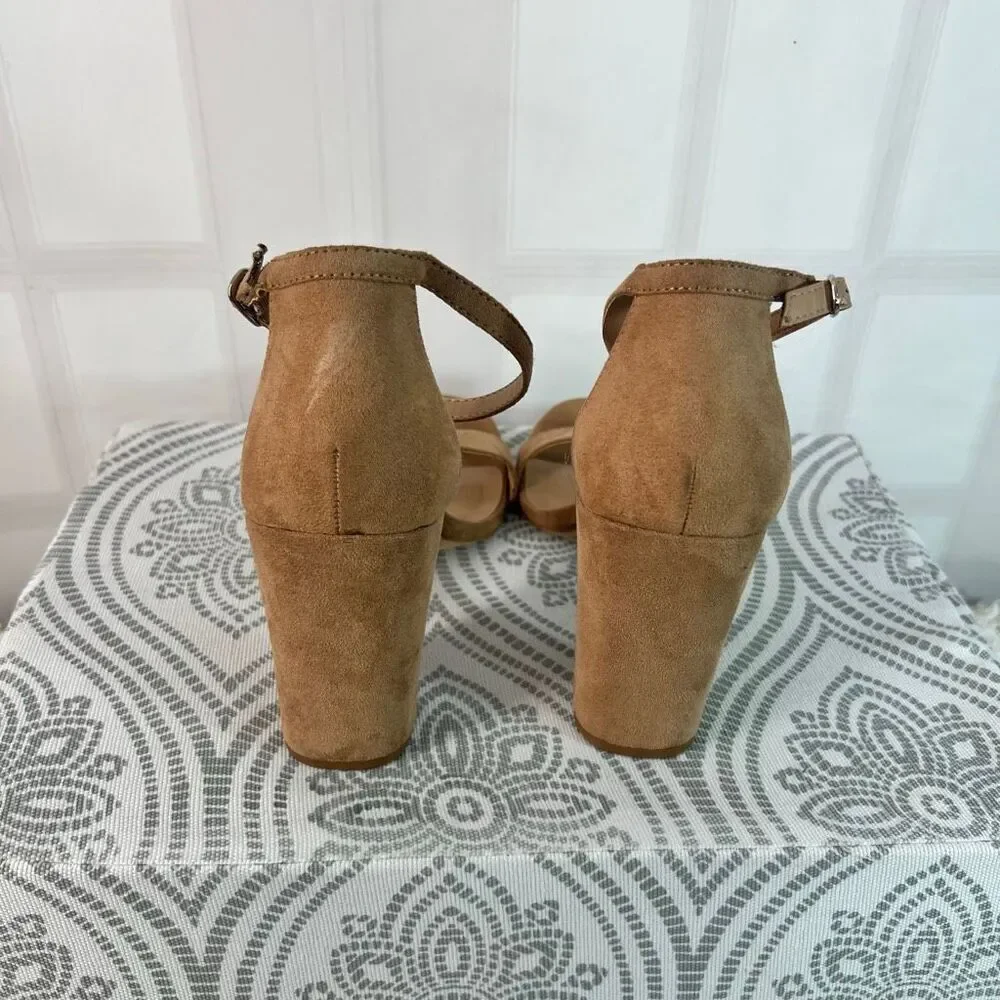 A New Day Tan Ema High Block Heel Square Toe Suede Ankle Strap Sandals Size 10